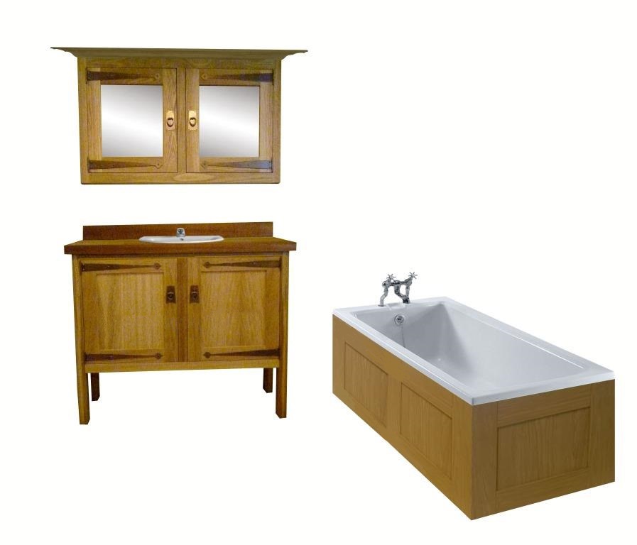CFA Voysey Arts & Crafts Movement Oak bathroom vanity unit & mirror wall unit & built-in bath furniture